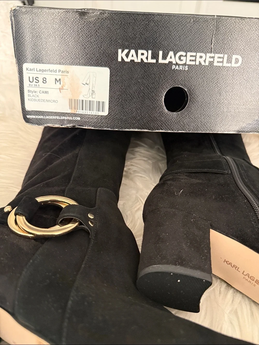 Karl Lagerfeld Black Suede Over-the-Knee Boots with Gold Ring Detail. NWOT